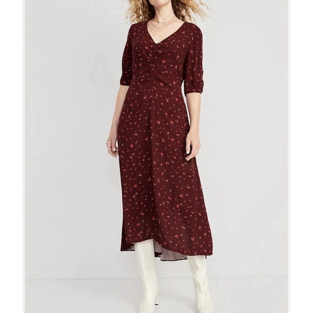 Old Navy Womens Burgundy Floral Ruched V-Neck Puff Sleeve Midi Dress Large